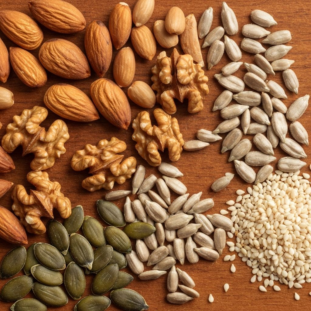 Variété de noix et graines avec leurs textures naturelles